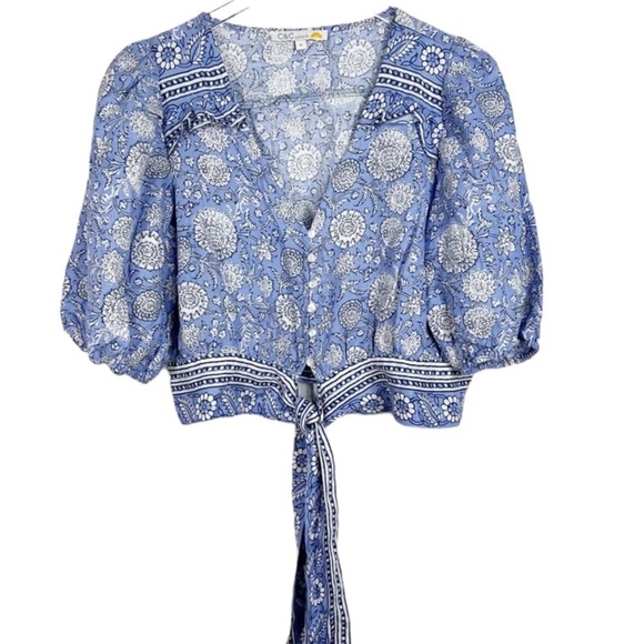 C & C CALIFORNIA Blue Cropped Boho Floral Top with tie front ballon sleeve Linen - Picture 1 of 10